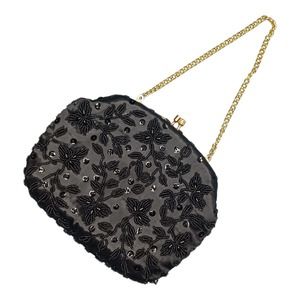 Vtg Black Beaded Sequence Evening Clutch Handbag Formal Purse Small Gold Chain